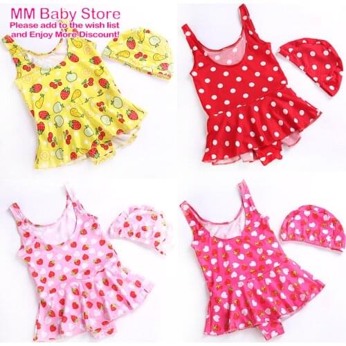Newest Fashion Newborn Baby Girl Swimwear Hats 2PCS Strawberry Print Swimsuit Swimming Suit Children Kids One-Piece Bikinis