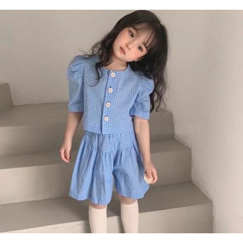 Girls clothes summer two-piece fashion small square plaid shirt coat + five-point pants 2-7 Age Beibei Quality children clothing