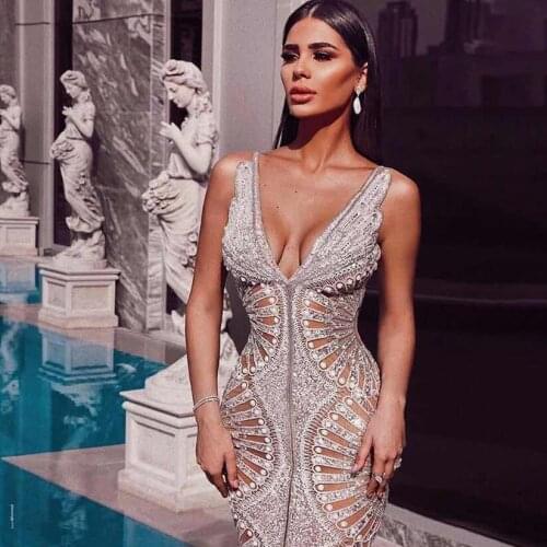 Early Autumn 2020 Elegant Female Designer Party Dress Women Deep V Neck Spaghettli Strap Hollow Out Sleeveless Beading Sequins S