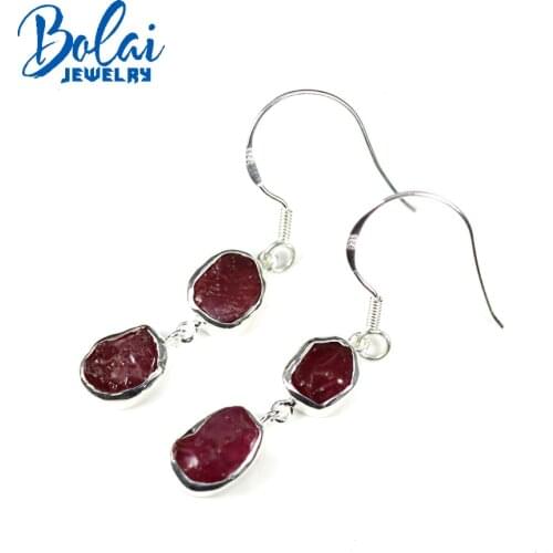 Bolaijewelry,natural ruby rough earrings, 925 sterling silver handmade simple design fashion ladies jewelry