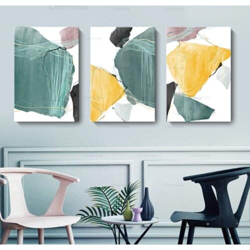 Nordic Modern Abstract Poster Green Yellow Block Pattern Lines Wall Art Picture For Living Room Decoration Print Canvas Painting