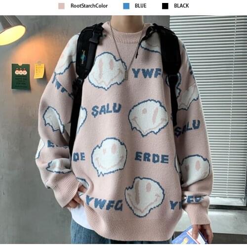 Mens Loose All-match Sweater Trend Printed Letters Cartoon Smiley Face Knitted Pullover Loose Slim Bottoming Tops Autumn