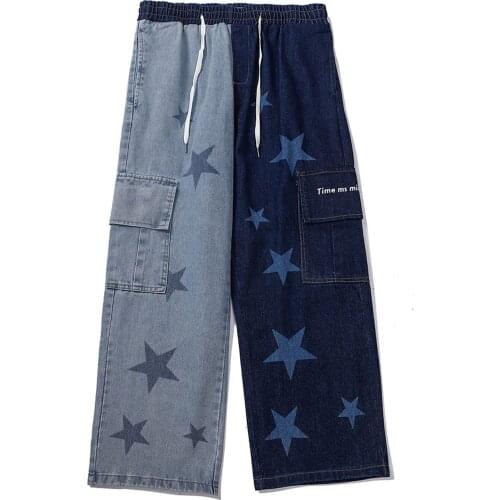 LACIBLE Harajuku Baggy Denim Pants Color Block Patchwork Star Print Multi Pockets Jeans Pants Casual Trousers Hip Hop Streetwear