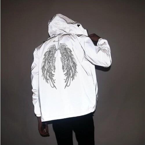 Harajuku Windbreaker Jackets Reflective Hooded Hip-hop Streetwear Angel Wings Print Cool Unisex Coat for Teenagers