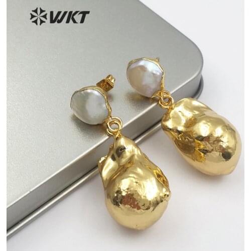 WT-E487 Large White Baroque pearl Earring Gold Dipped Pearl Jewelry Random Shape Flameball Pearl Earring Bridal Wedding Jewelry