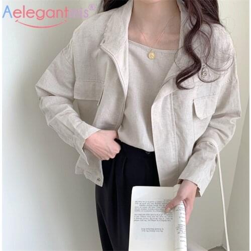 Aelegantmis Linen Cotton Blouse Coat Jacket Women Elegant Korean Loose Female Stand Collar Jacket Linien Thin Streetwear Vintage