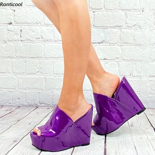 Ronticool New Handmade Women Glossy Mules Sandals Wedges High Heels Open Toe Gorgeous Burgundy 7 Colors Party Shoes US Size 5-20