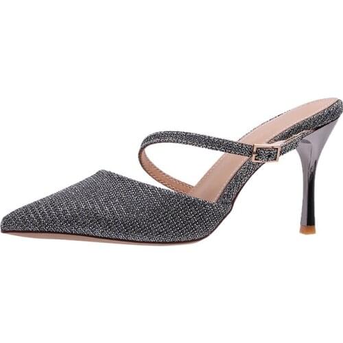 2019 Summer New Stiletto High-heeled Sandals And Slippers Wild Baotou Outside Wearing Half Slippers Popular Pointed