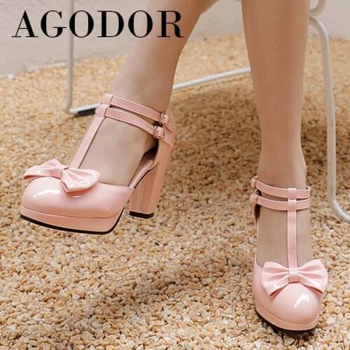 AGODOR T-Strap Super High Heels Mary Jane Shoes Women Patent LeatherPumps Buckle Platform Thick Heel Female Footwear Spring 48