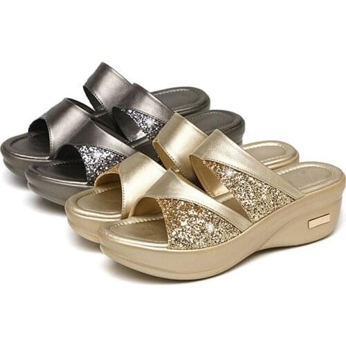 Women Sequined Cloth Slippers Bling Wedges Platform Summer Beach Casual Slides Woman Shoes Plus Size Ladies Footwear 2021