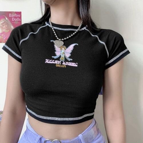Women Summer Short Crop Top 2021 New Fashion Round Neck Butterfly Cartton Printted Skinny T Shirt Patchwork Slim Camiseta Mujer