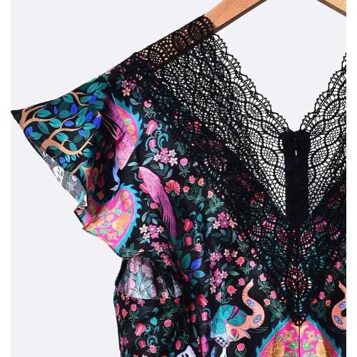 Womens Lace Short Dress Floral Printed Short Puff Sleeve 2021 Summer Vintage Slim Waist V-Neck Mini Robes