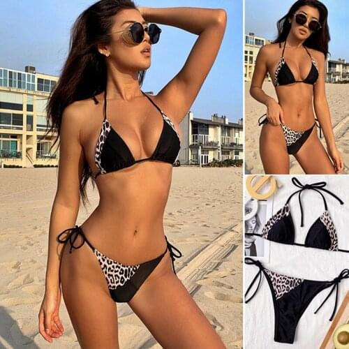 Women Stitching Leopard Bikini Ladies Split Swimsuit Triple-Cornered Bikini Black