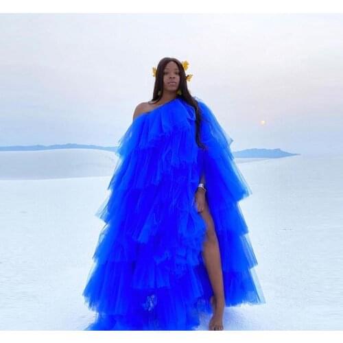 Royal Blue Extra Puffy Tulle Dresses Long Plus Size Women Tulle Dress With Train Tiered Ruffles Frillys Tulle Formal Gown
