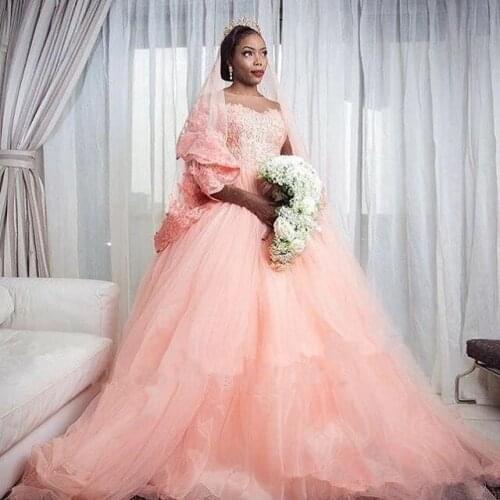 Elegant Women Pink Wedding Dresses with Half Sleeves 2021 Wedding Bridal Gown Lace Applique Vintage Robe de mariée Plus Size