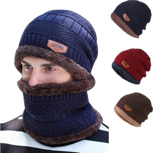 2pcs Hat And Scarf Combination Winter Mens Knitted Baseball Cap Plus Velvet Padded Bib Scarf Windproof And Warm Outdoor Warm