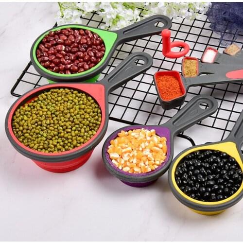 2020 new 4pcs folding measuring cup measuring spoon kitchen silicone measuring cup set household measuring spoon baking supplies