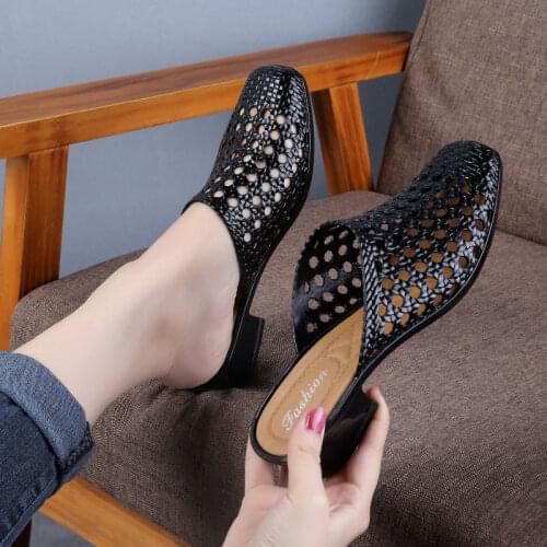 2021 Beach Shoes Slippers,Soft Womens Sandals,Hollow Out Mid Heels,Korea Style Footwear,Antiskid,BLACK,APRICOT,RED,Dropshipping