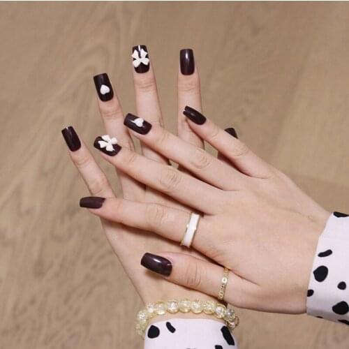 24pcs Fake Nails Press On Nails Square Dark Brown Nail Stickers Finished Nail Stickers Artificial Nails With Glue DL