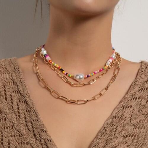 3pcs/Set Colored Seed Beads Strand and Link Chains Women`s Fashion Collar Choker Necklace