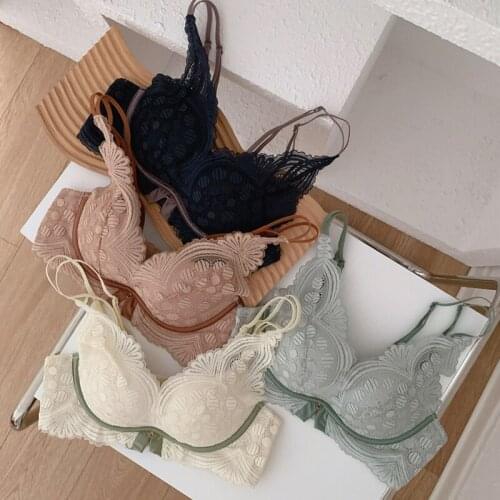 Wasteheart Women Fashion Green Lace Trim Straps Bralette Cotton Panties Padded Push Up Bra Sets Underwear Sexy Lingerie Sets A B