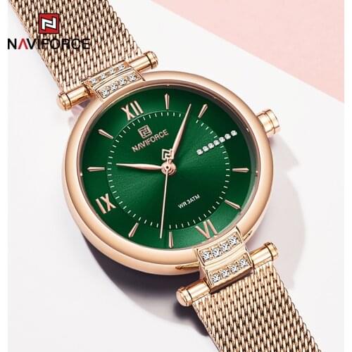 NAVIFORCE Luxury Brand Diamond Watches For Women Fashion Roman Scale Green Lady Quartz Wristwatch Waterproof Steel Band Bracelet