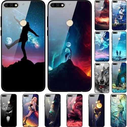 Case For Huawei 7C Back Phone Cover Black Silicone Bumper With Tempered Glass