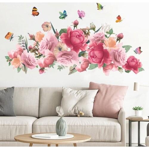 Pink Watercolor Peony Flower Butterfly Wall Sticker Self-Adhesive Bedroom Porch Wall Beautification Decorative Wall Sticker