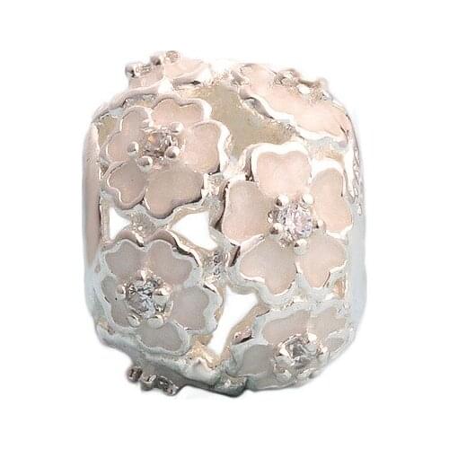 925 Sterling Silver Diamond-encrusted Cherry Blossom Hollow Drop Oil Flower Beaded Fit Original Bracelet Necklace Diy Jewelry