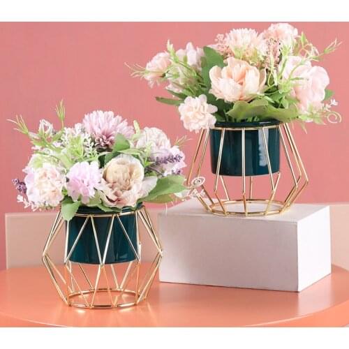Nordic Geomotric Flower Arrangement Home Decoration Ornaments Flower Vase With Metal Shelf Desk Decoration Office Display Crafts