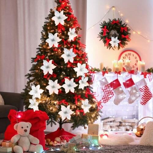 10pcs 13cm Glitter Artificial Flower Head For Christmas Tree Ornament DIY Christmas Wreath Garland Wedding Party Decor Navidad