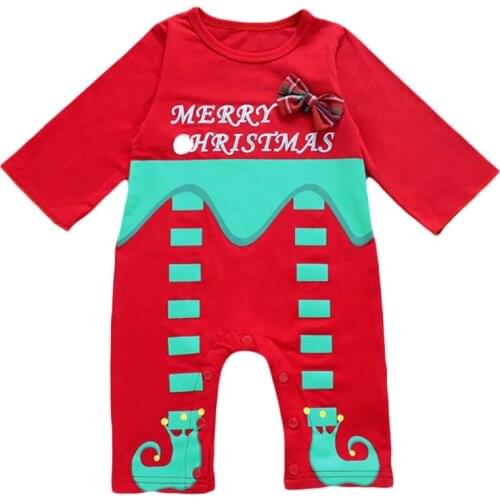 Newborn Baby Girl Merry Christmas Romper with Bow-knot Letter Print Xmas Red Long Sleeve O-neck Jumpsuit for Spring Fall