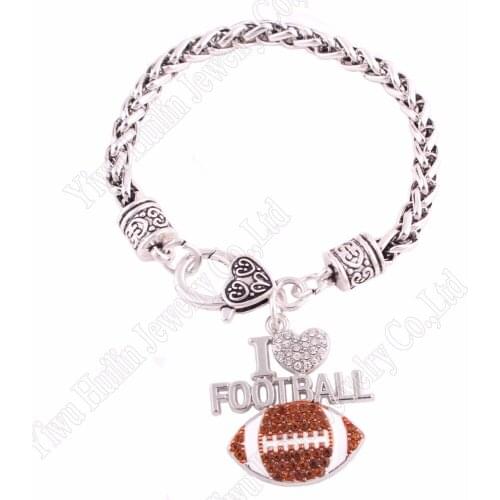 Fans Favorite Sports Jewelry Drop Shipping 1.1"*1.2" inches I LOVE FOOTBALL 2D Pendant Wheat link Chain Lobster Claw Bracelets