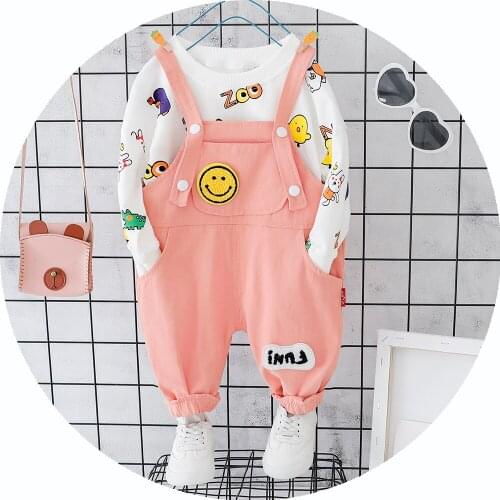 2pcs Fashion Newborn Baby Kids Girl Boy Suits Spring Autumn Long Sleeve Tops+ Bibs Pants with Smile Face Kids Outfits
