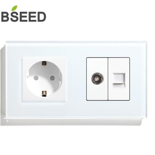 BSEED Single EU Wall Socket With TV PC Plug Europe Standard Sockets Crystal Glass Panel White Black Gold Home Improvement