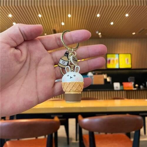 New Trend Resin Doll Creative Keychain Fashion Cute Ice Cream Cone Rabbit Cartoon Car Key Chain School Bag Small Pendant