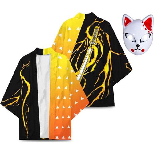 Demon Slayer Agatsuma Zenitsu Cloak Kimono Cardigan Robe Cospaly Costume Print Casual Coat With Mask