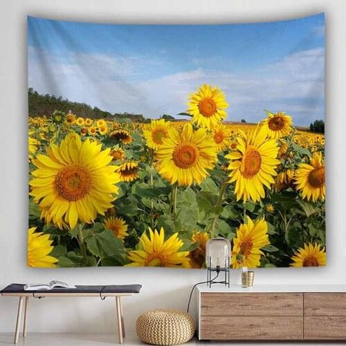 Natural Scenery Sunflowers Tapestry Wall Hanging Blue Sky White Clouds Tapestry Wall Fabric Farmhouse Decor Psychedelic Tapestry