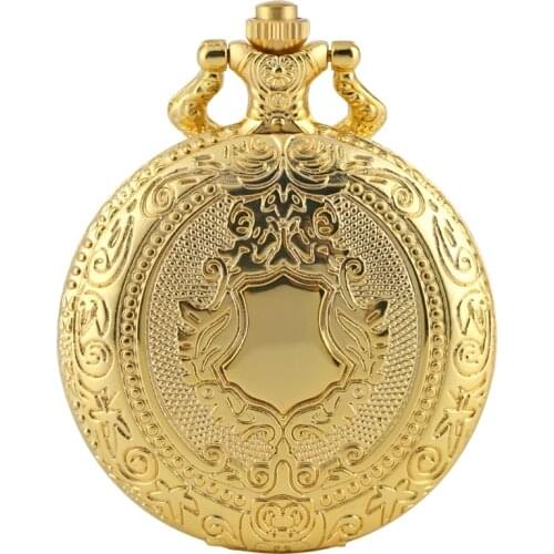 Royal Gold Shield Crown Pattern Quartz Pocket Watch Top Luxury Necklace Pendant Chain Steampunk Clock Collectibles Jewelry Gifts