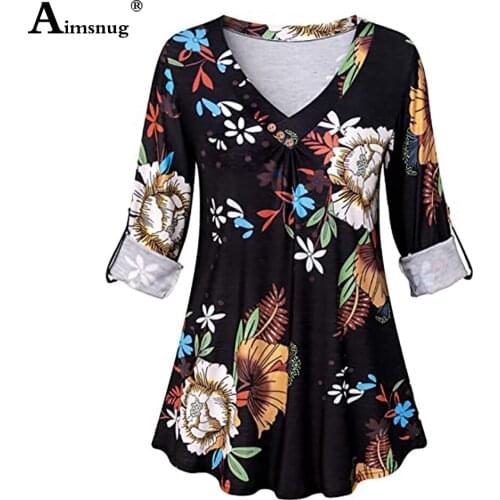 Aimsnug Flower Print Shirt Womens Top 2020 Summer New Ladies Elegant Leisure T-shirt Long Sleeve Plus Size Women Casual Tees