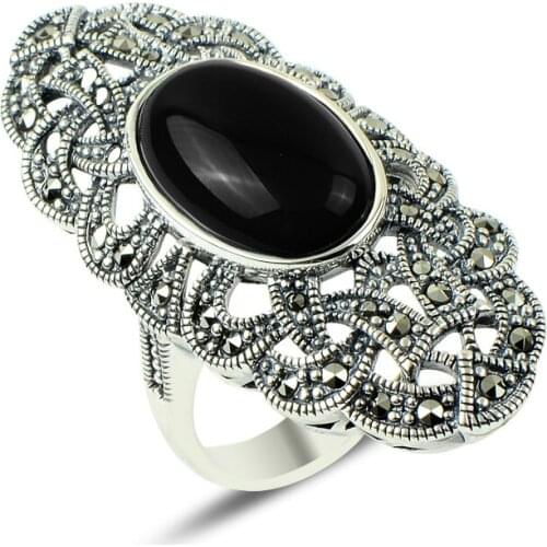 Silverlina Silver Marcasite & Onyx Gemstone Ring