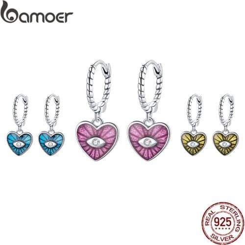 Bamoer 925 Sterling Silver Heart Demon Eye Sapphire Blue Hoop Earrings Yellow Ear Buckle Pink Demon Eye Drop Earrings for Women
