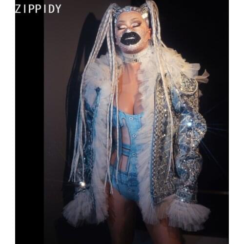 Glisten Sequin Blue Denim Jacket Birthday Celebrate Stone Loose Faux Denim Outfit Women Singer Evening Dance Show Wear