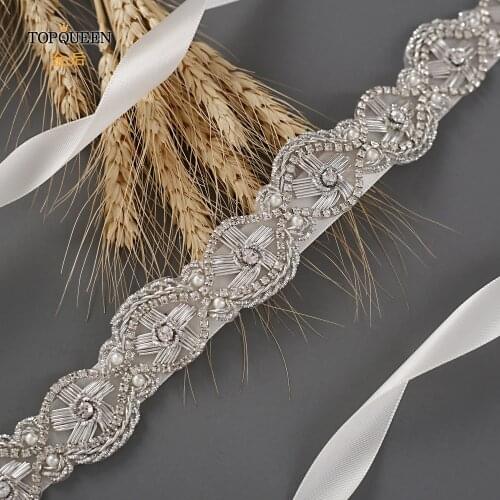TOPQUEEN S368 Bnridal Belt for Wedding Dress Bridal Ribbon Sash Belt Wedding Sash Navy Bridal Belt Silver Fancy Belt for Women