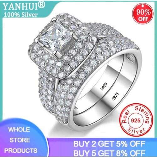 YANHUI Luxury Female Square Cubic Zircon Crystal Rings Wedding Ring Set Band For Bridal Girls Women Ladys Love Couple Pair Jewel