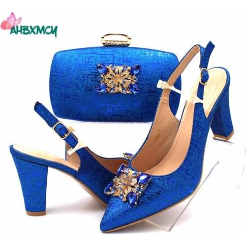 Royal Blue Color African Women Shoes and Bag Set Italian Lady Shoes and Bag to Match with Shinning Crystal for Wedding Party