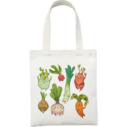 Funny Vegetables Fruits Cartoon Printing Canvas Shoulder Tote Bags For Lady Female Handbag Foldable Reusable Beach Shopper Bag