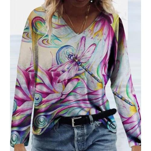 Animal Dragonfly Printed Fashion Women Tshirt Long Sleeves V Neck Casual Loose Graphic Tee Harajuku Bohemian Tops Рубашки 3