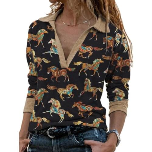 2021 Spring Casual V Neck Horse Print Loose T-shirt for Women Turn-down Collar Animal Fashion Long Sleeve Tops