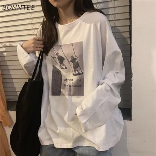 Long Sleeve T-shirts Women Print Simple All-match Harajuku Top Unisex Tees Chic Soft Daily BF Elastic Leisure Korean Style Teens
